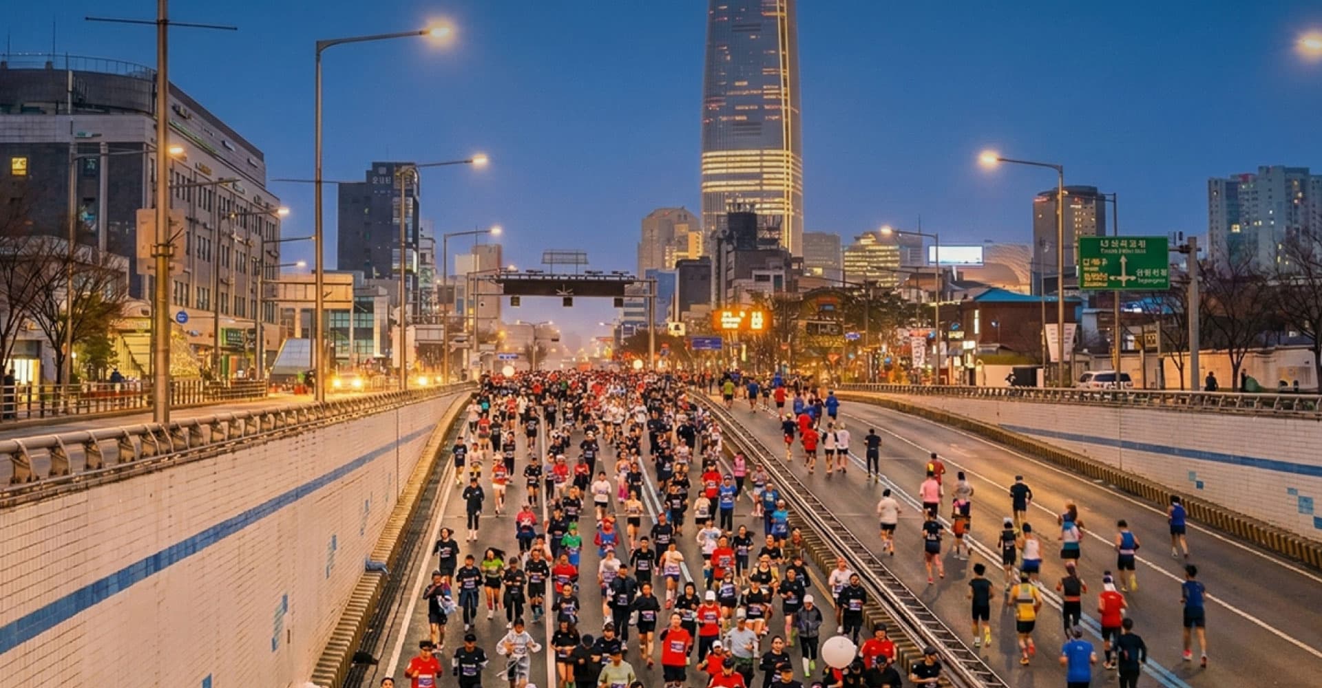 Thousands of Seoul Marathon runners filling a city road at dawn